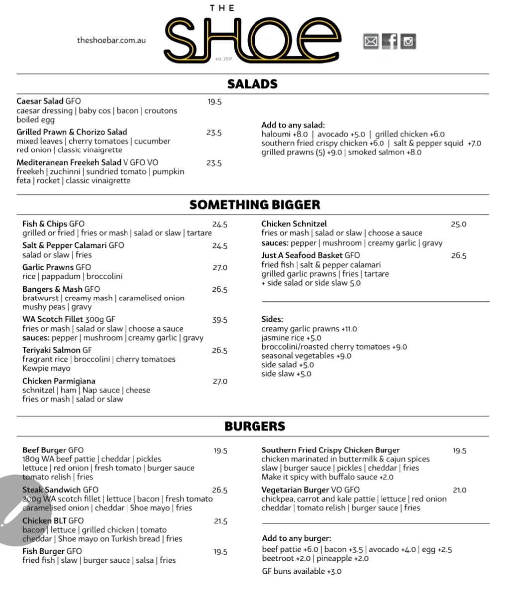 Menu, The Shoe Bar and Cafe