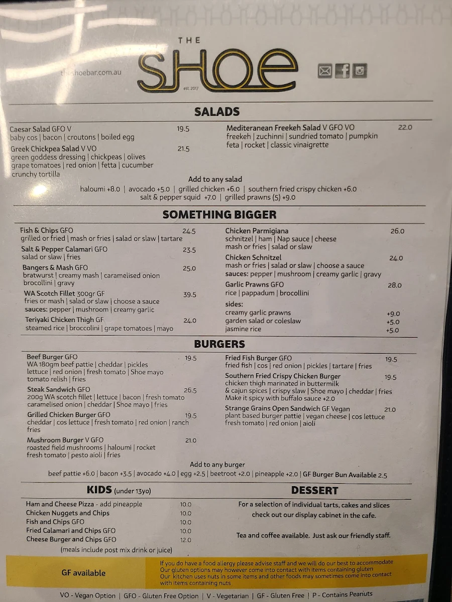 Menu, The Shoe Bar and Cafe