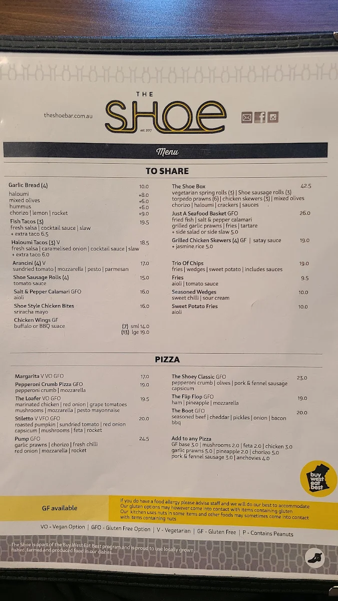 Menu, The Shoe Bar and Cafe