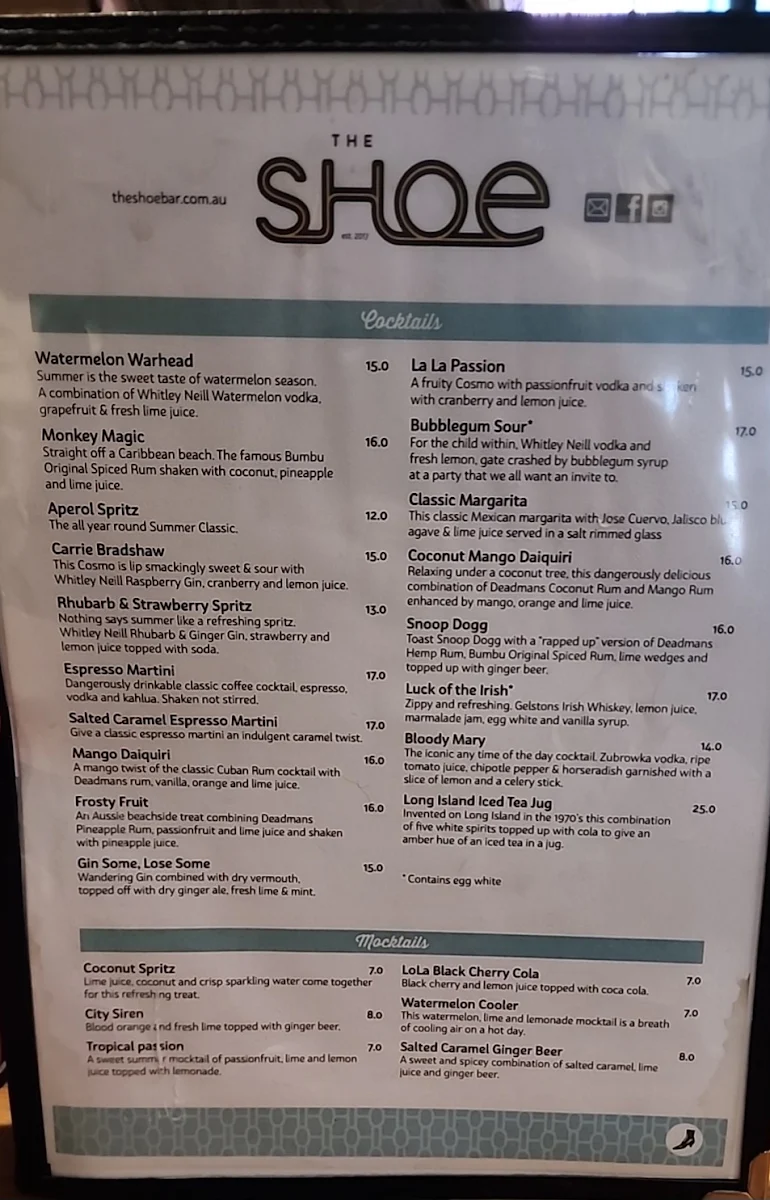 Menu, The Shoe Bar and Cafe