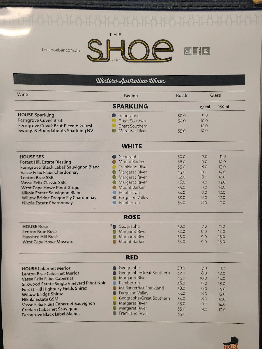 Menu, The Shoe Bar and Cafe