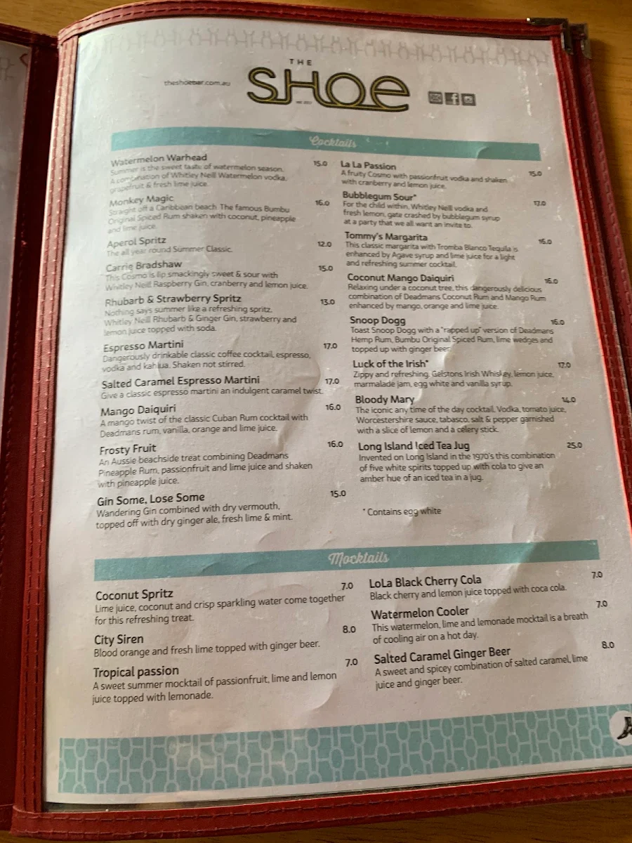 Menu, The Shoe Bar and Cafe