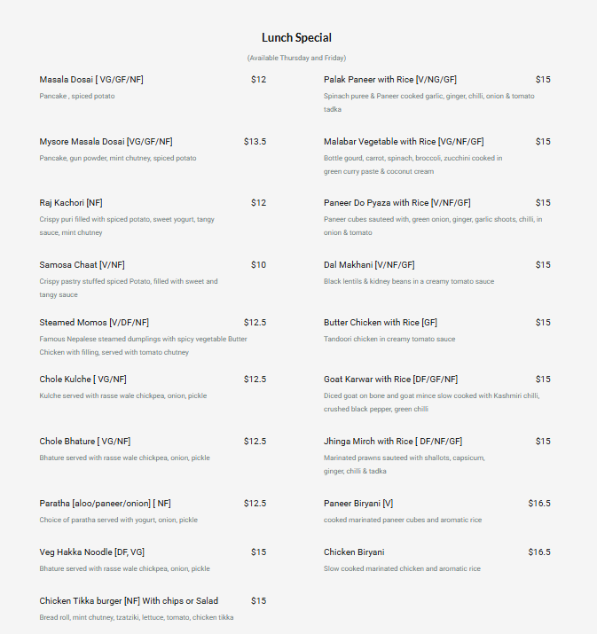 Menu, Jheel