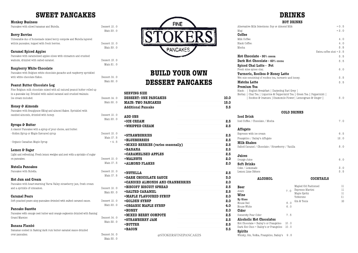 Menu, Stokers Fine Pancakes
