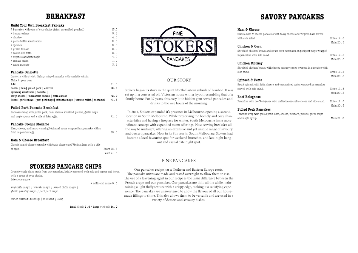 Menu, Stokers Fine Pancakes