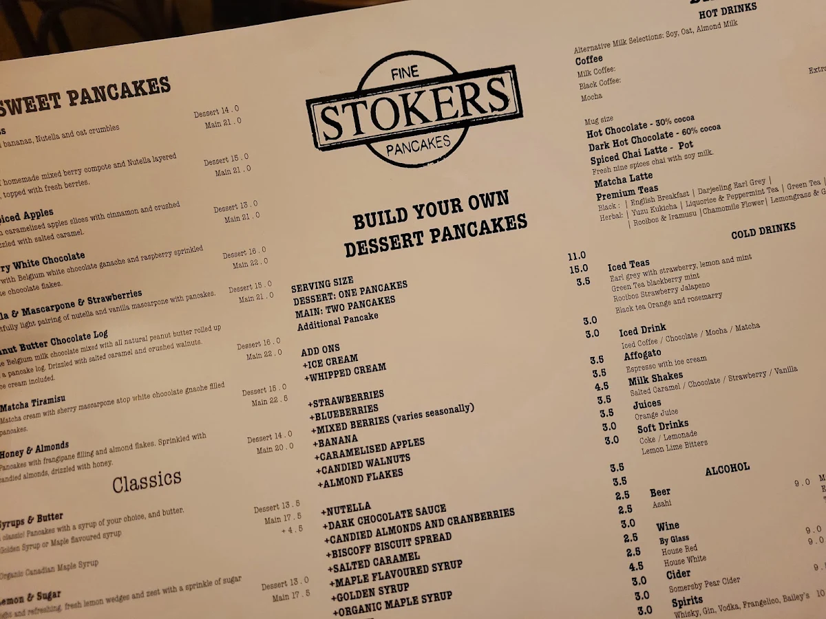Menu, Stokers Fine Pancakes