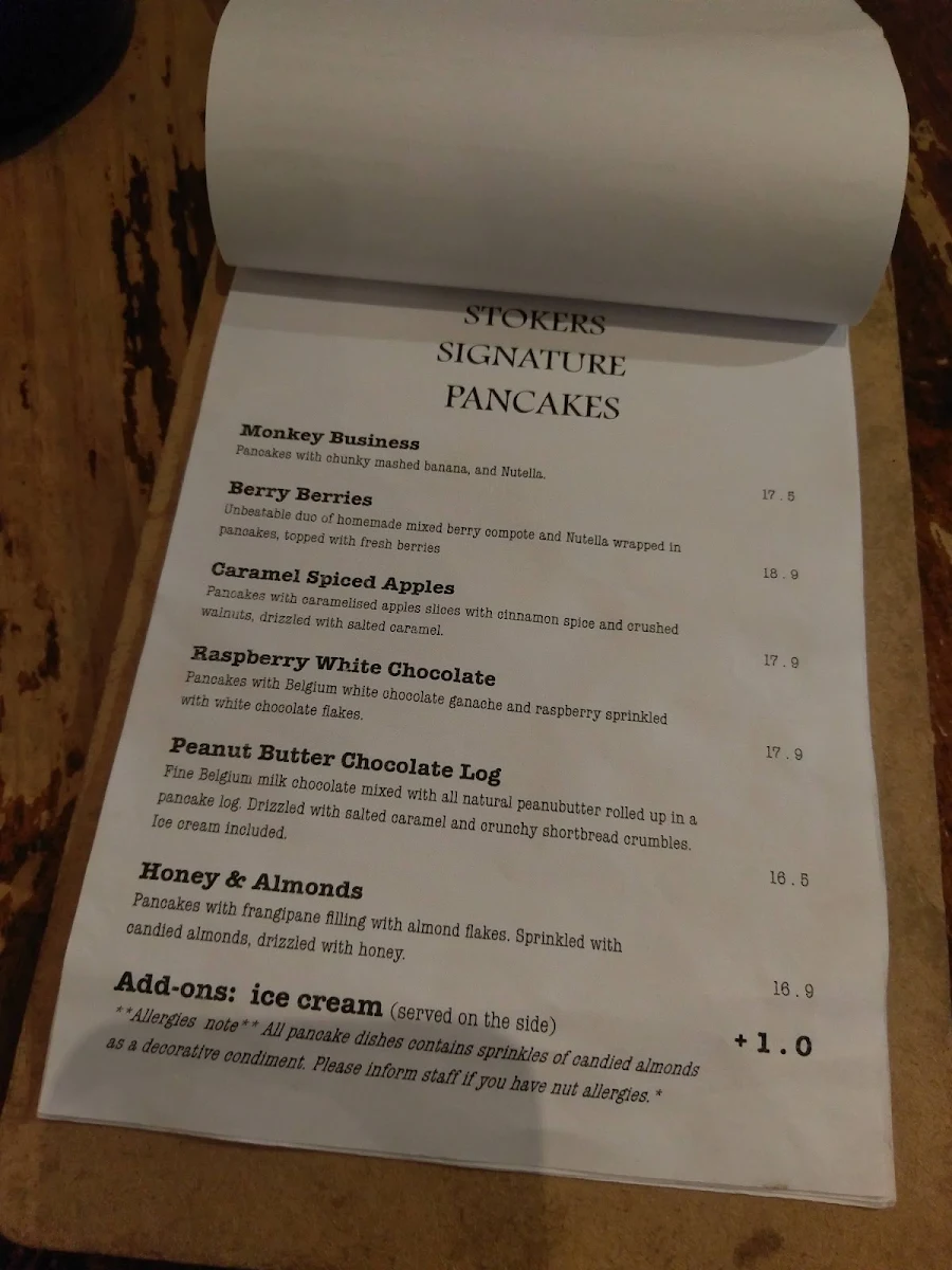 Menu, Stokers Fine Pancakes
