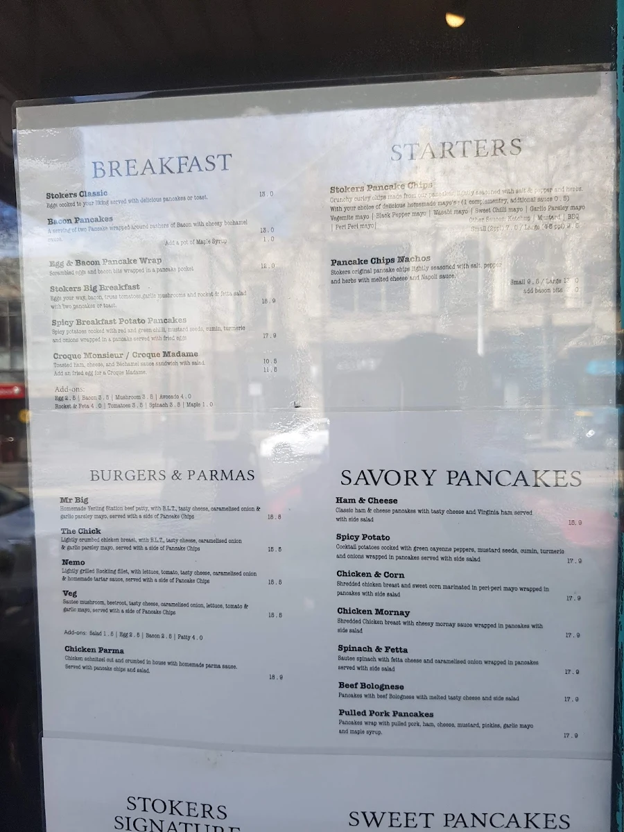 Menu, Stokers Fine Pancakes