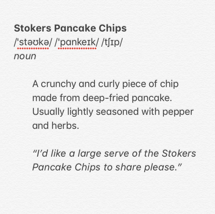 Menu, Stokers Fine Pancakes