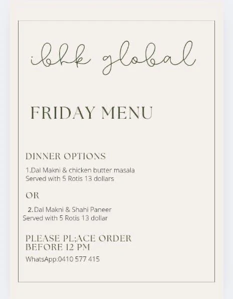 Menu, IBHK Global & Tiffin Service