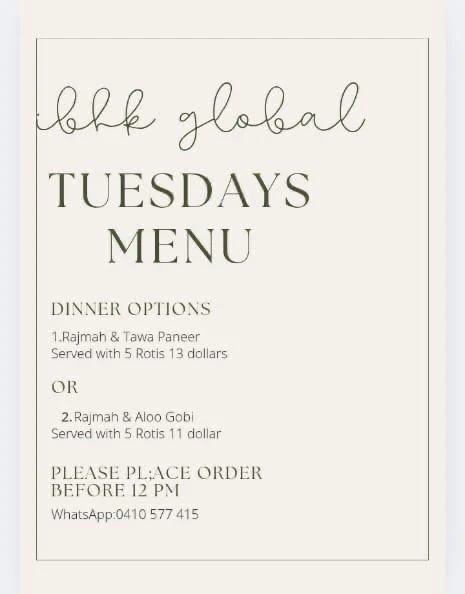 Menu, IBHK Global & Tiffin Service