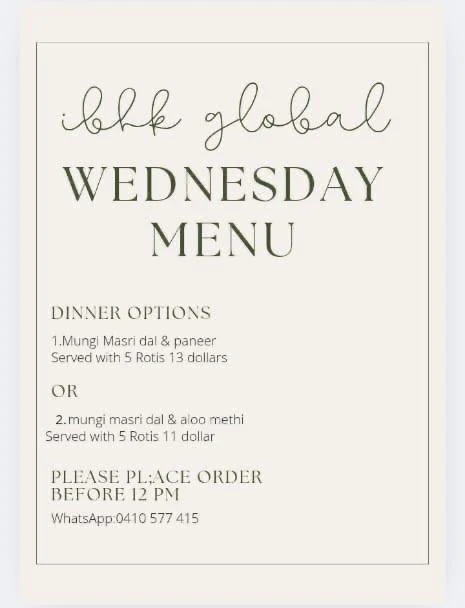 Menu, IBHK Global & Tiffin Service