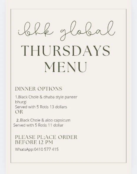 Menu, IBHK Global & Tiffin Service