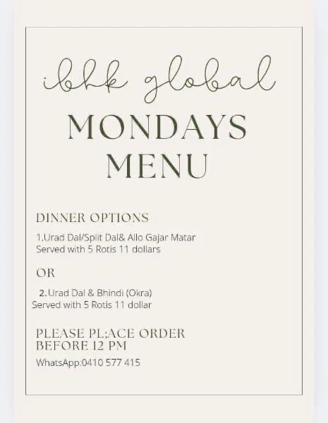 Menu, IBHK Global & Tiffin Service