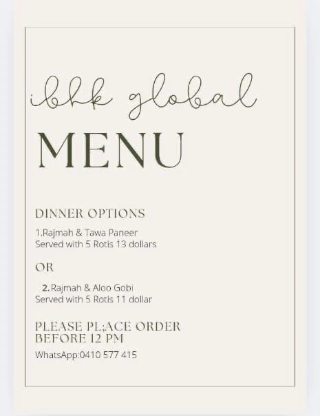 Menu, IBHK Global & Tiffin Service
