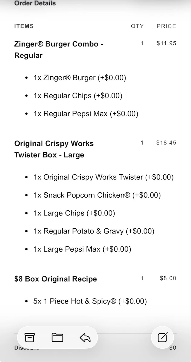 Menu, KFC Tweed Heads
