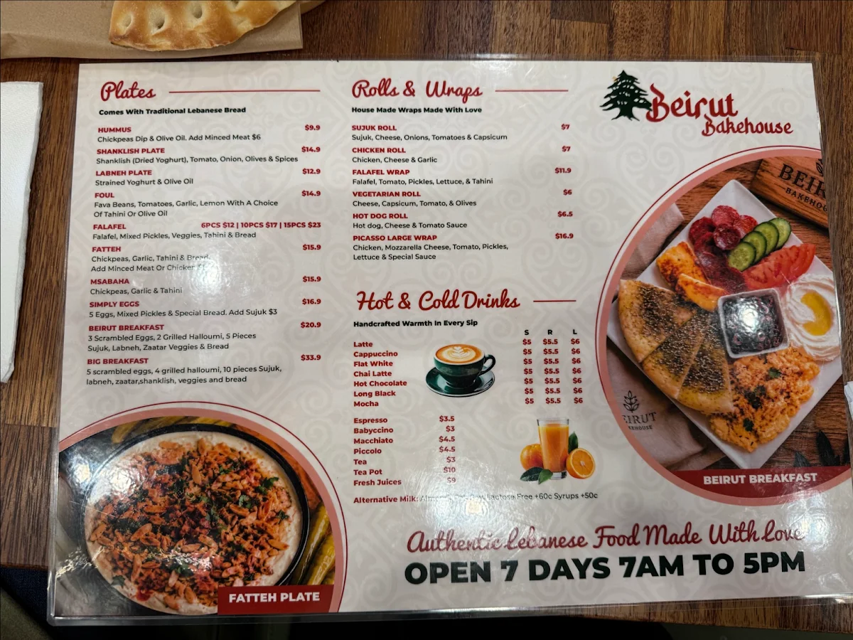 Menu, BEIRUT BAKEHOUSE
