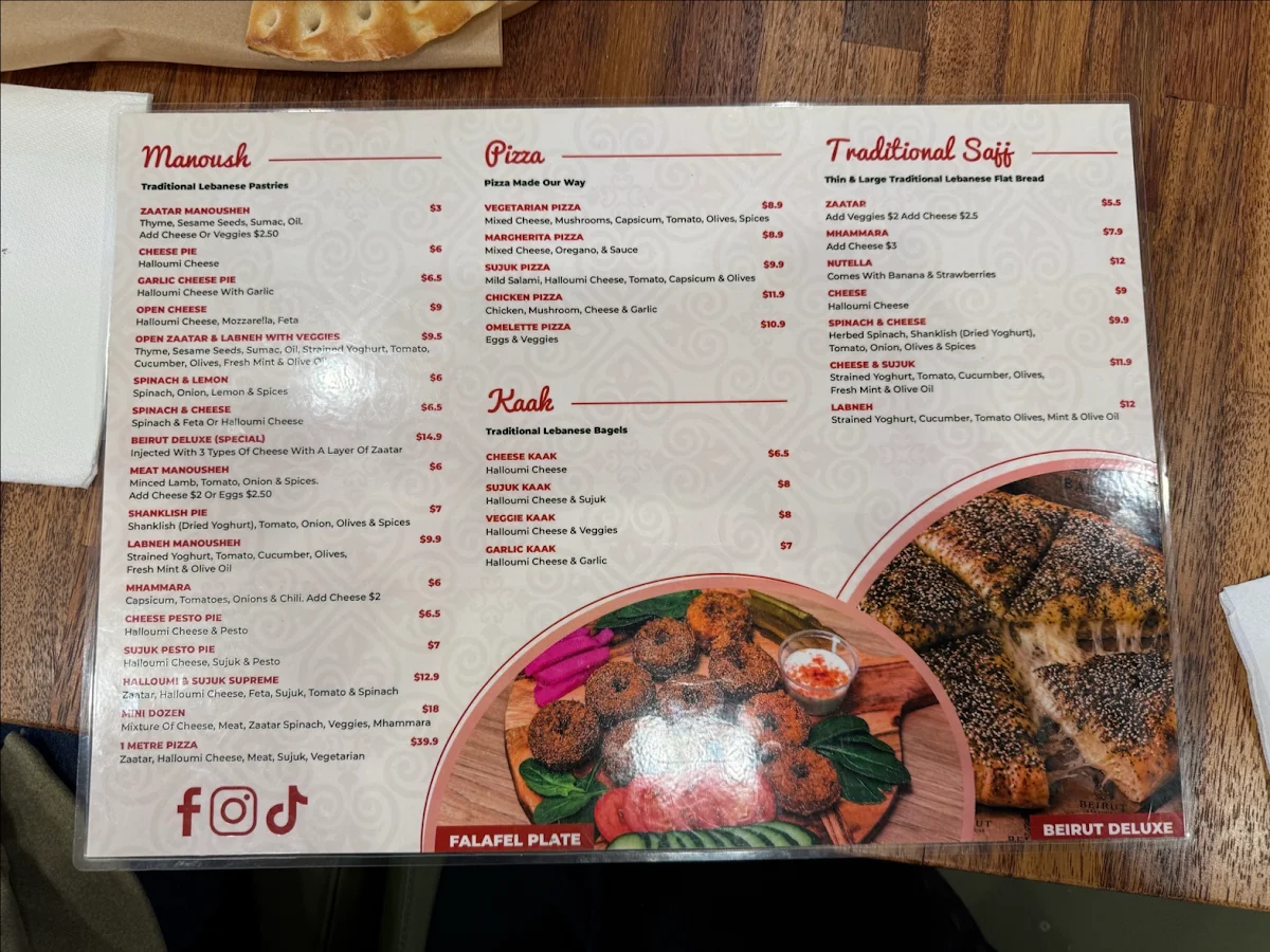 Menu, BEIRUT BAKEHOUSE