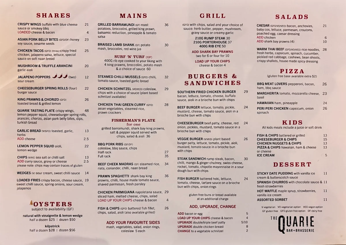 Menu, The Quarie Bar & Brasserie