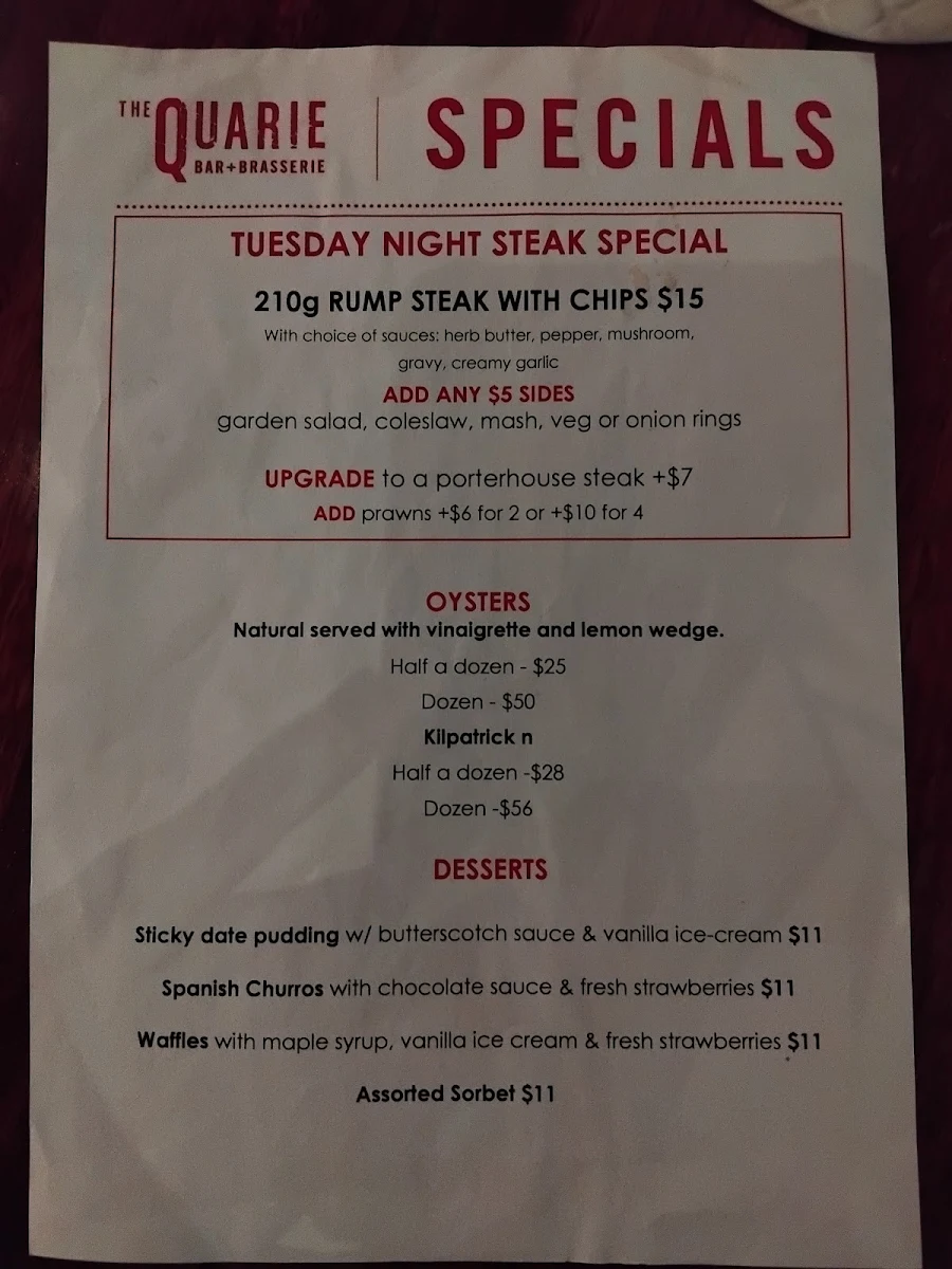 Menu, The Quarie Bar & Brasserie