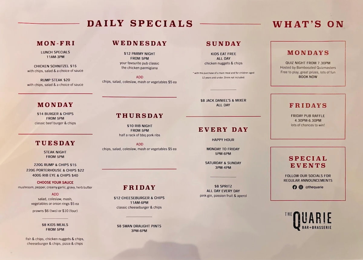 Menu, The Quarie Bar & Brasserie
