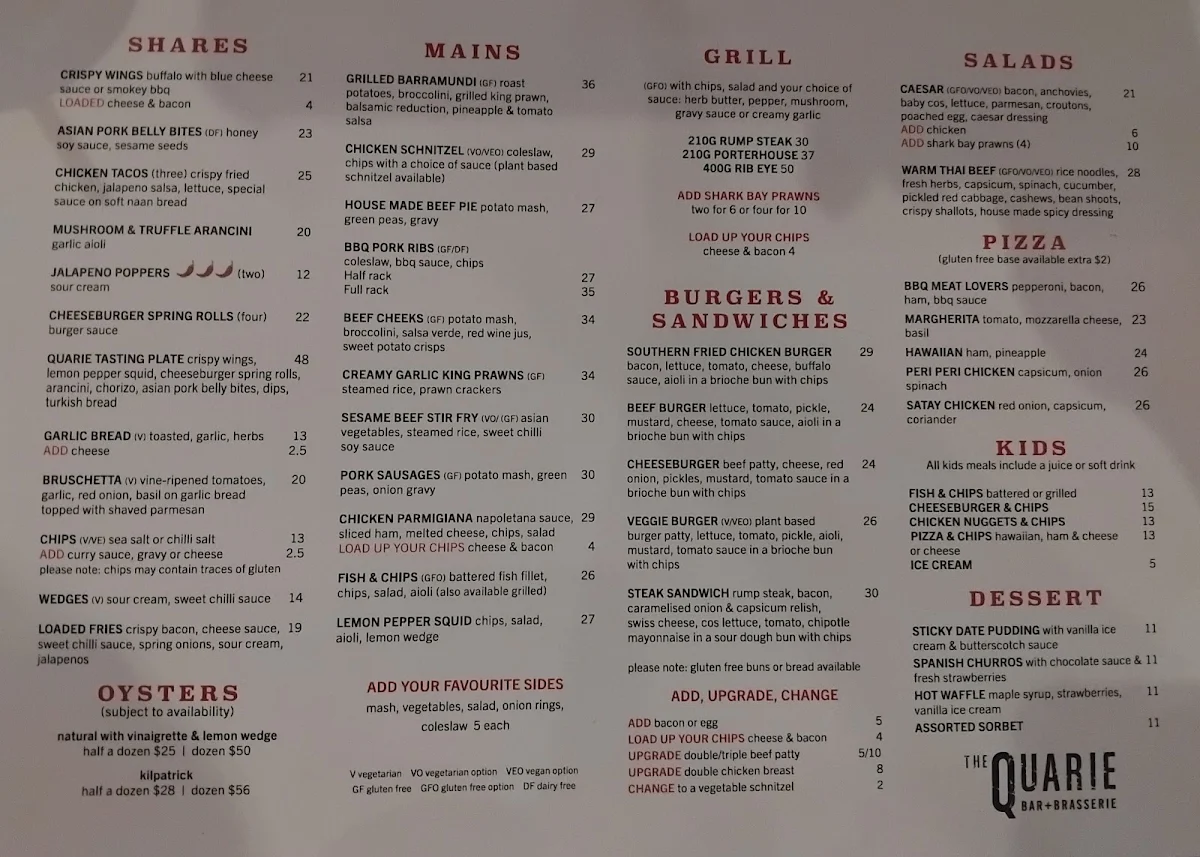 Menu, The Quarie Bar & Brasserie