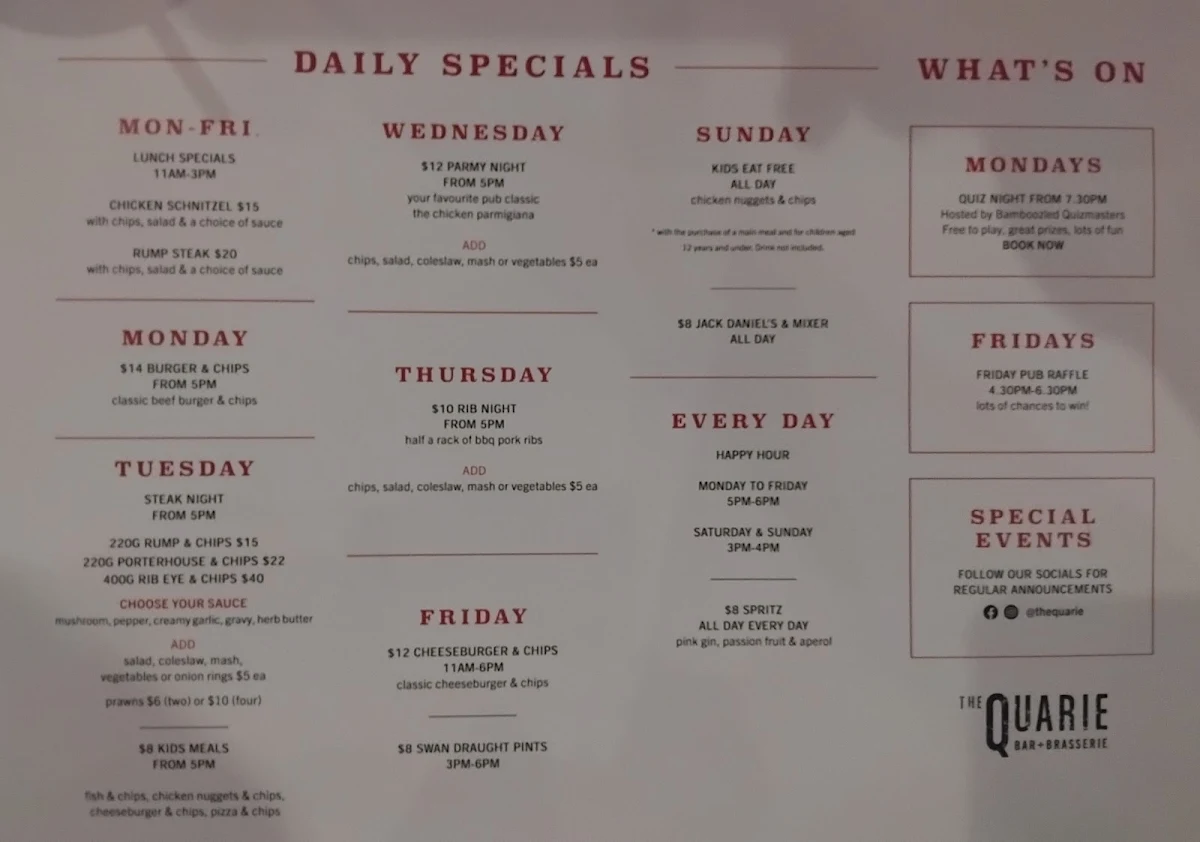 Menu, The Quarie Bar & Brasserie