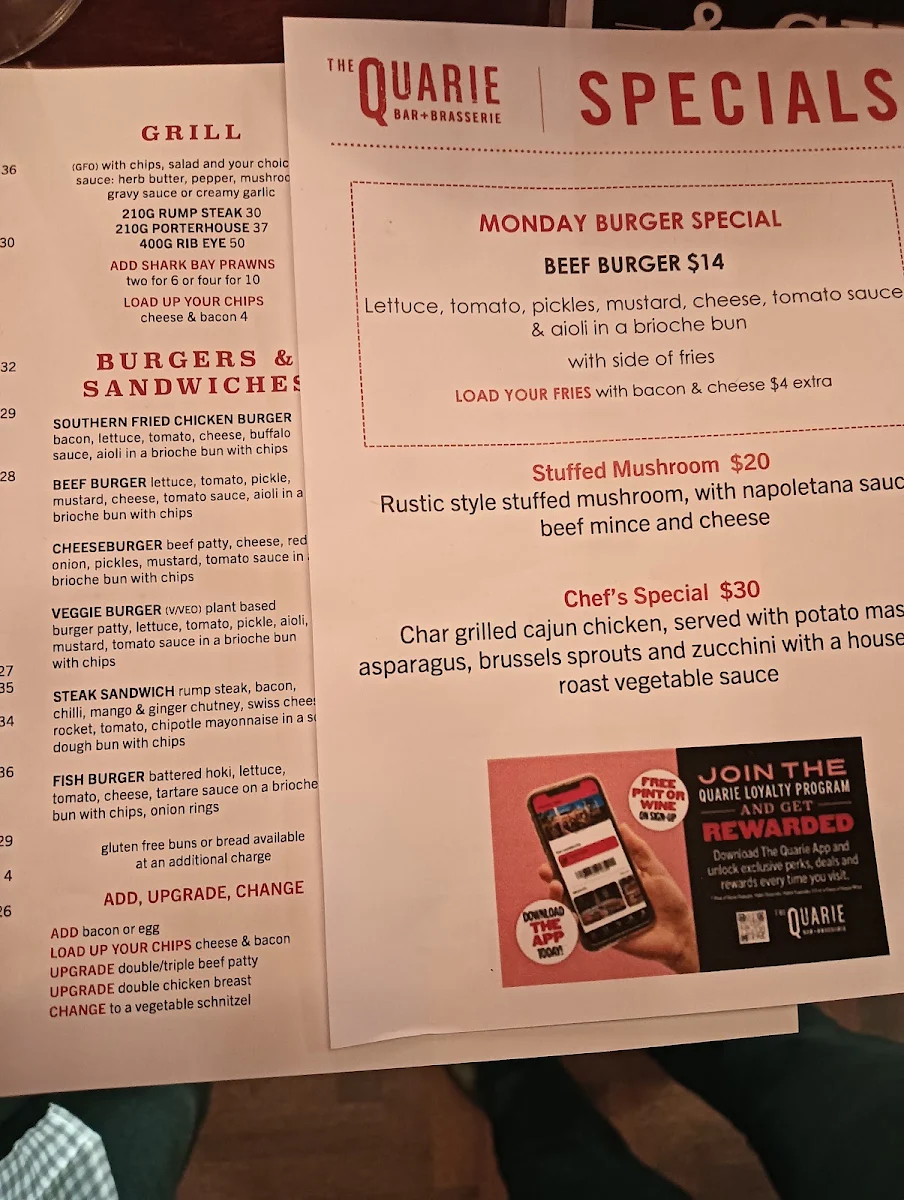 Menu, The Quarie Bar & Brasserie