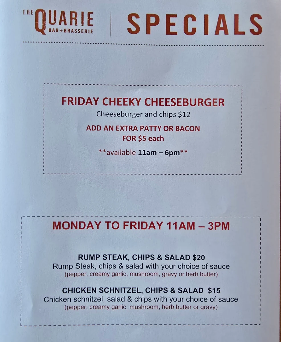 Menu, The Quarie Bar & Brasserie