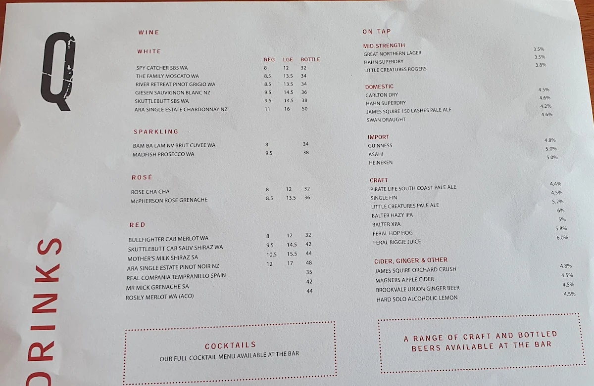 Menu, The Quarie Bar & Brasserie