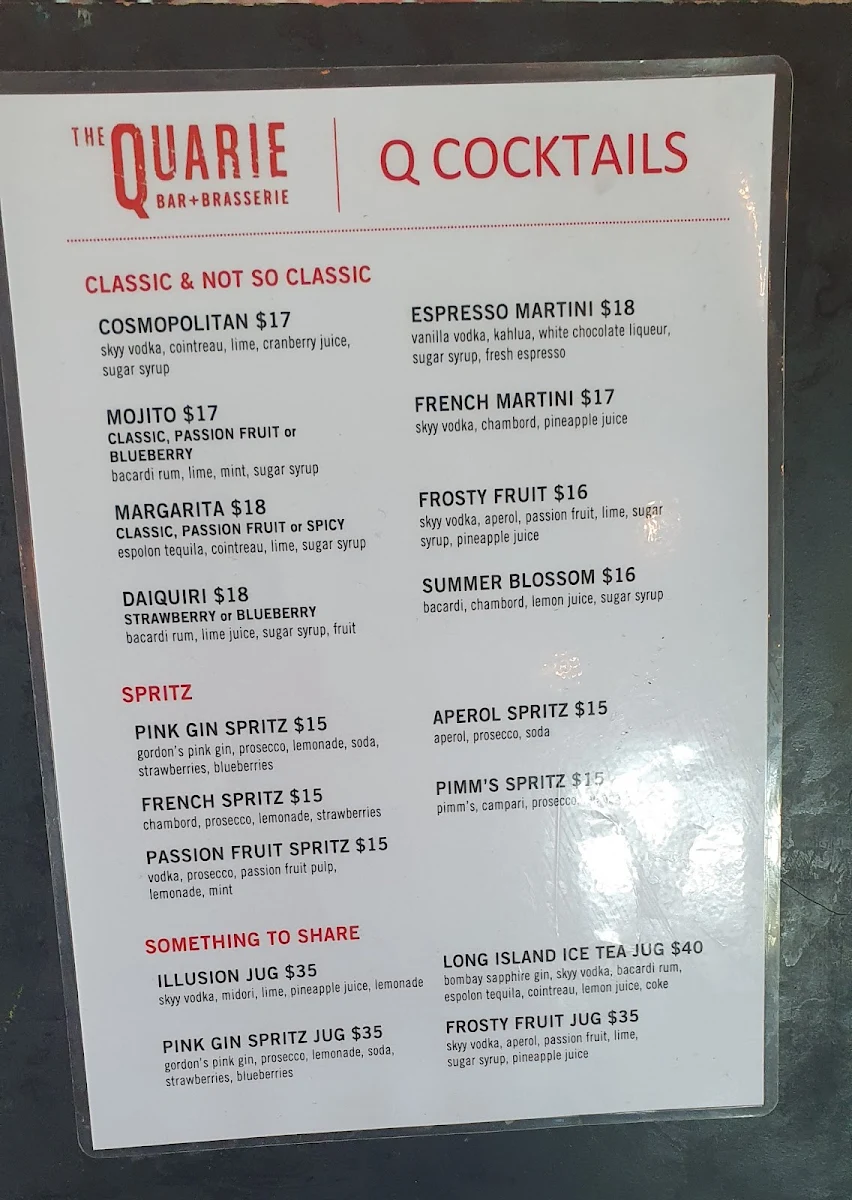 Menu, The Quarie Bar & Brasserie