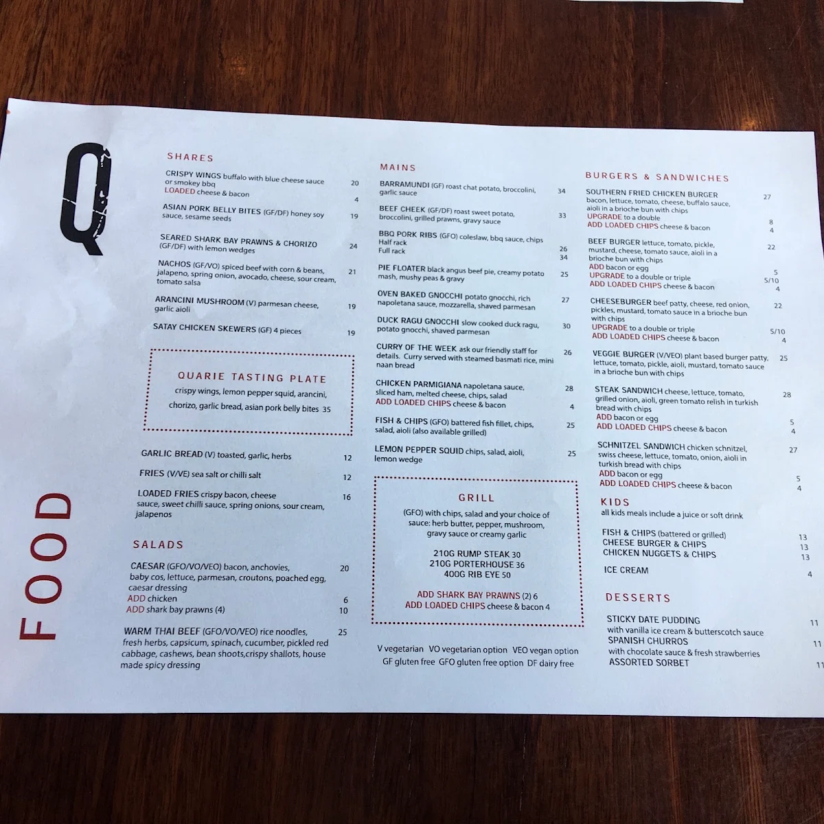 Menu, The Quarie Bar & Brasserie
