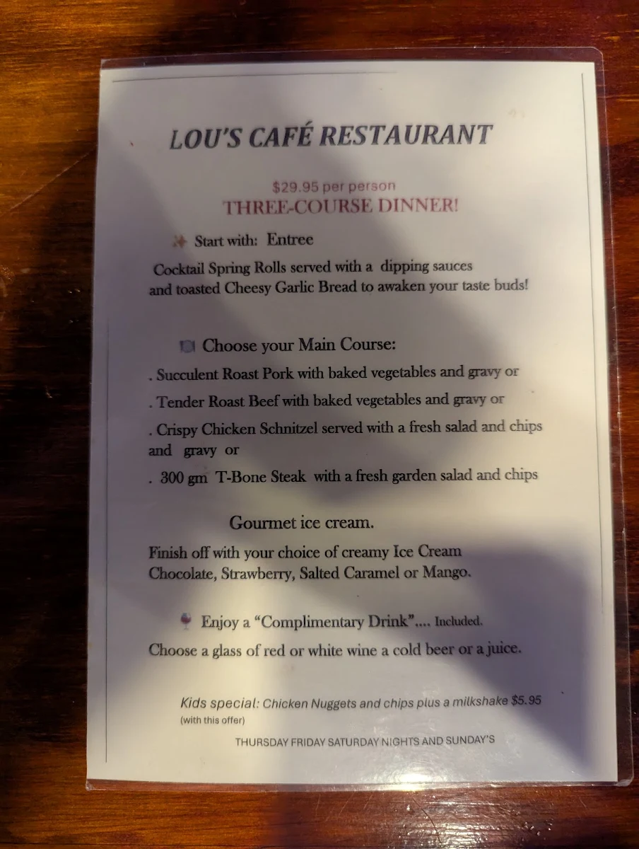Menu, Lou's Cafe Restaurant