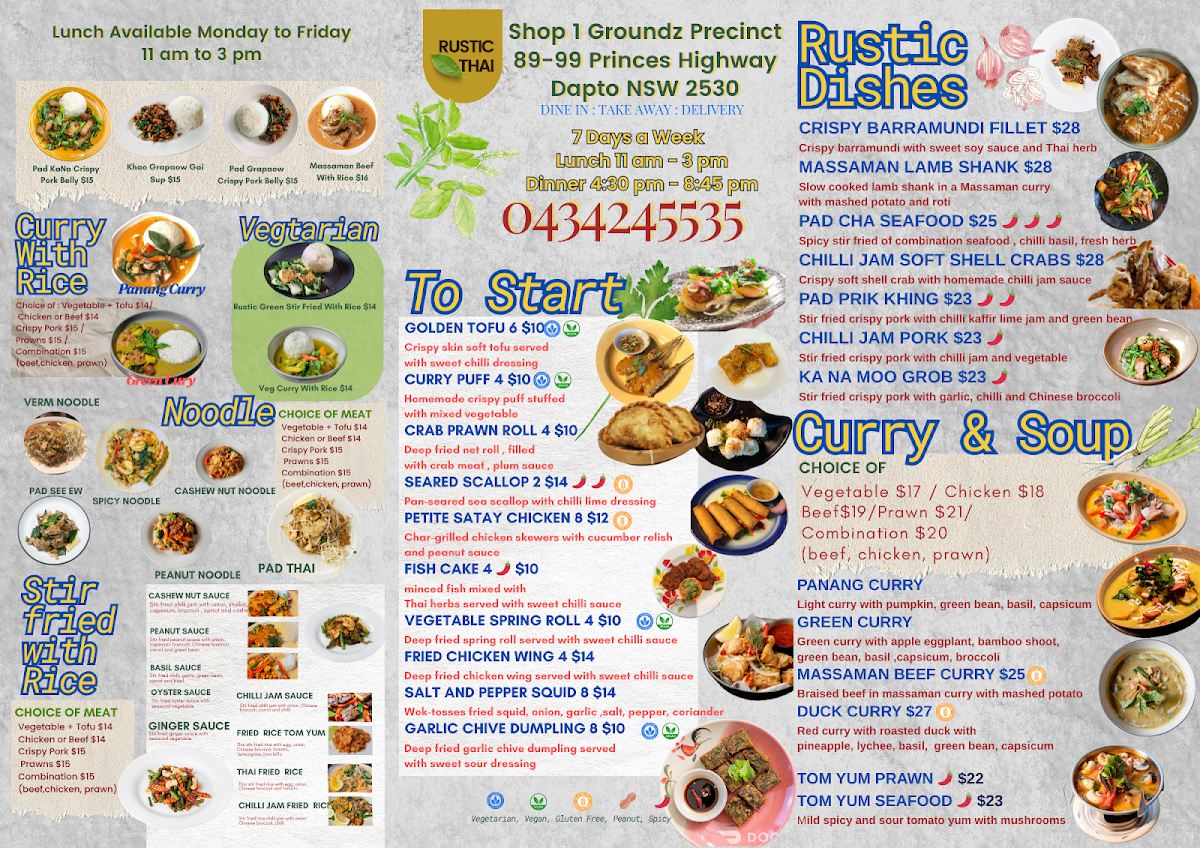 Menu, Rustic Thai Restaurant
