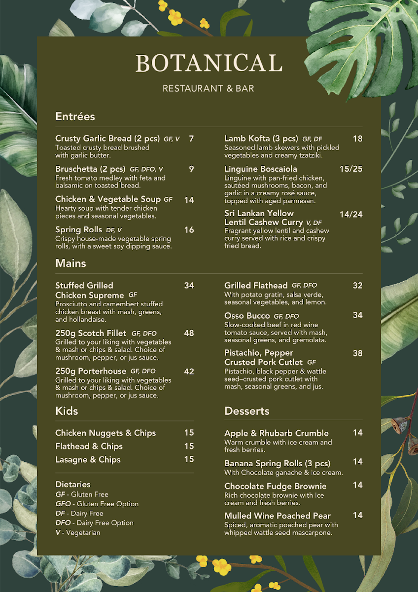 Menu, Botanical Restaurant and Bar