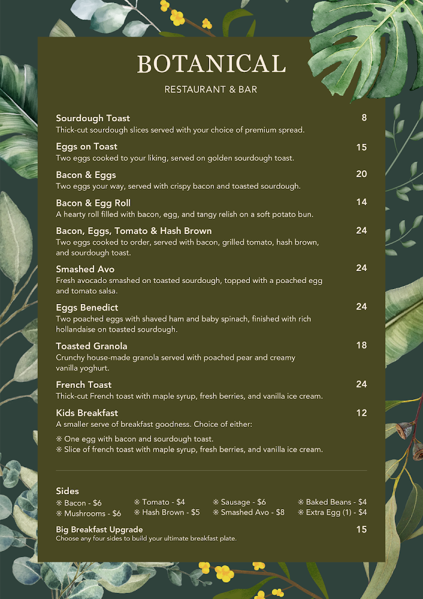 Menu, Botanical Restaurant and Bar