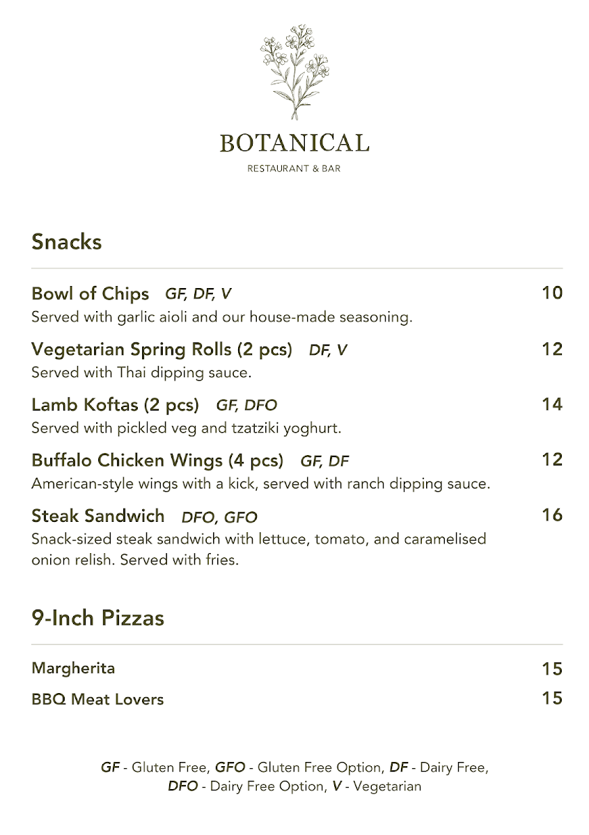 Menu, Botanical Restaurant and Bar