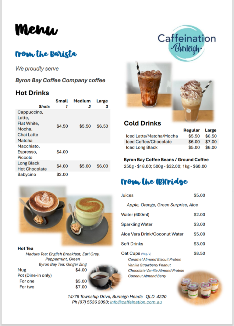 Menu, Caffeination Burleigh