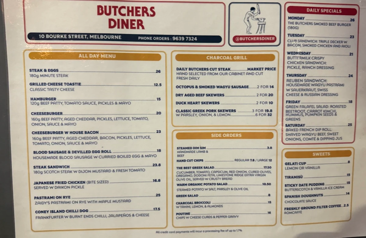 Menu, Butchers Diner