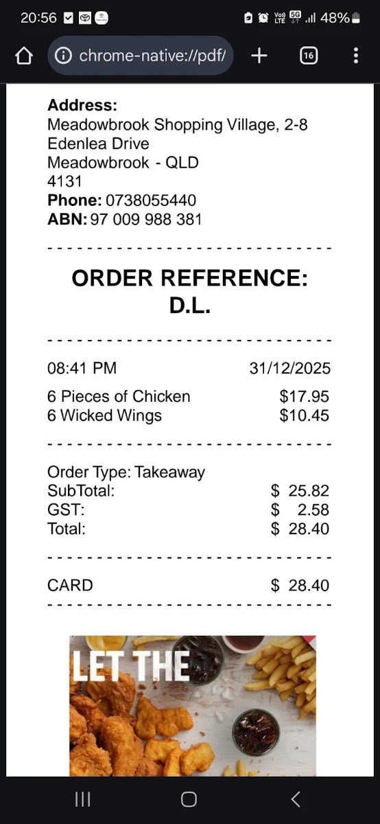 Menu, KFC Meadowbrook