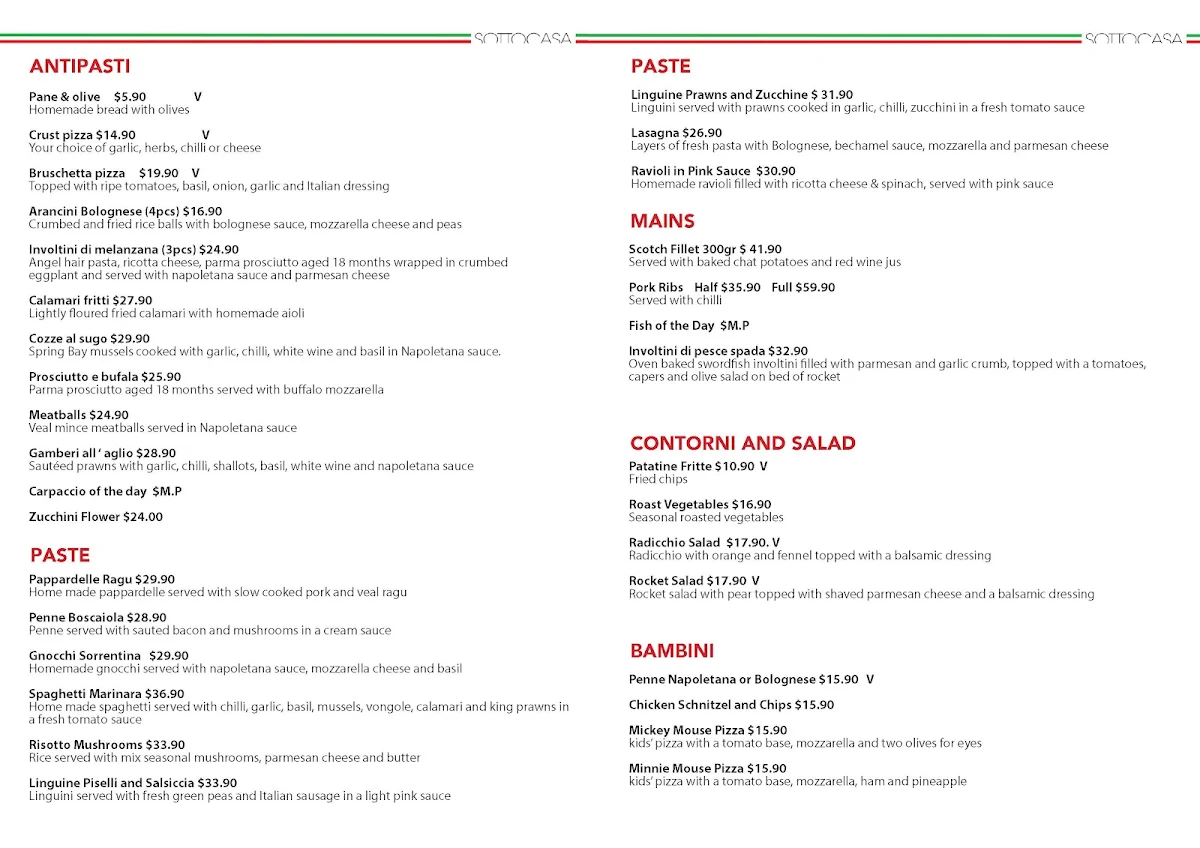 Menu, TRATTORIA SOTTO CASA