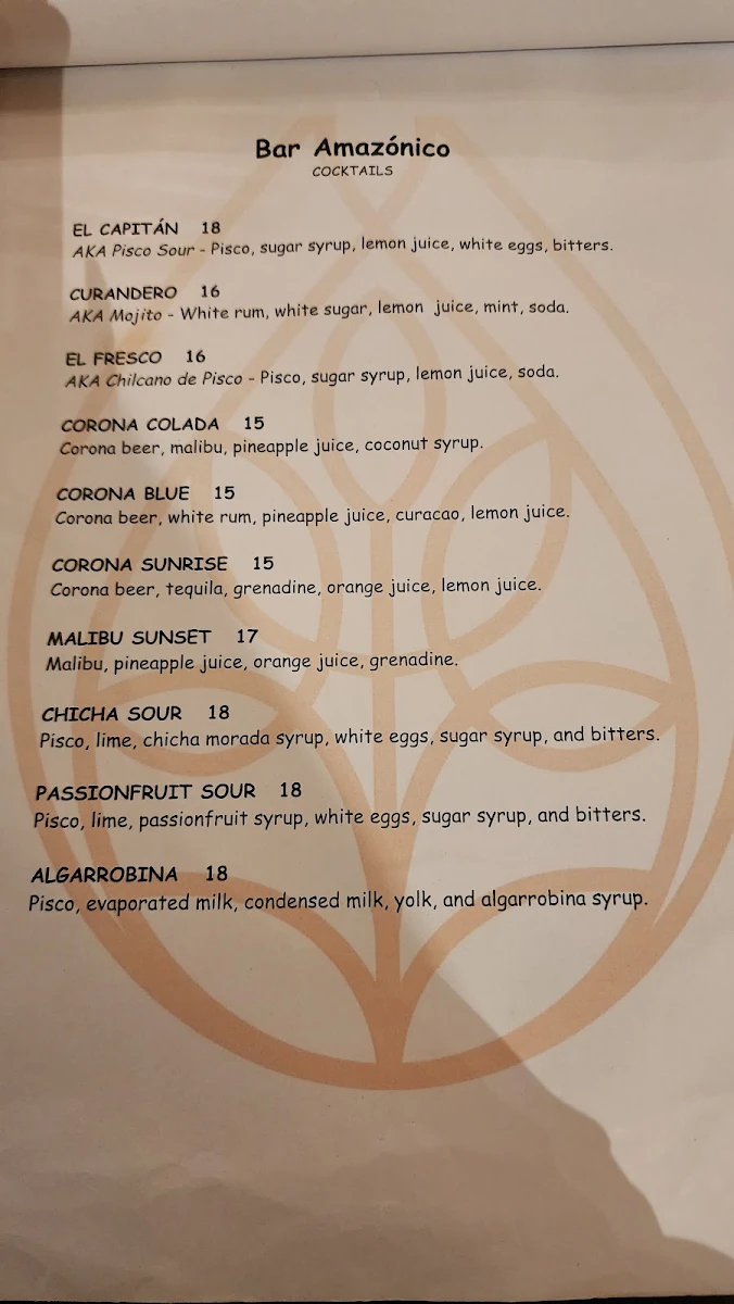 Menu, Ayahuasca Restaurant