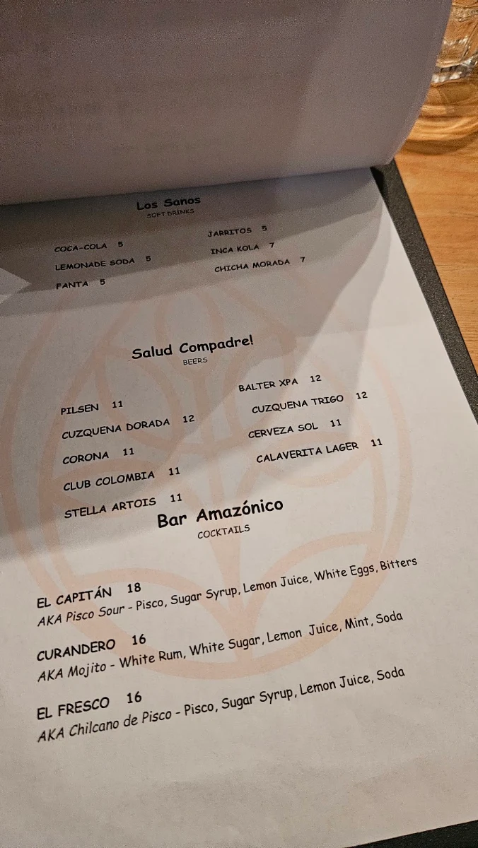 Menu, Ayahuasca Restaurant