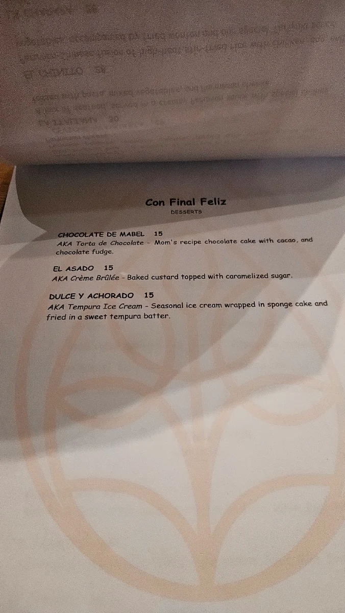 Menu, Ayahuasca Restaurant