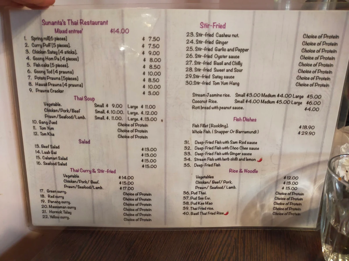 Menu, Sunanta's Thai