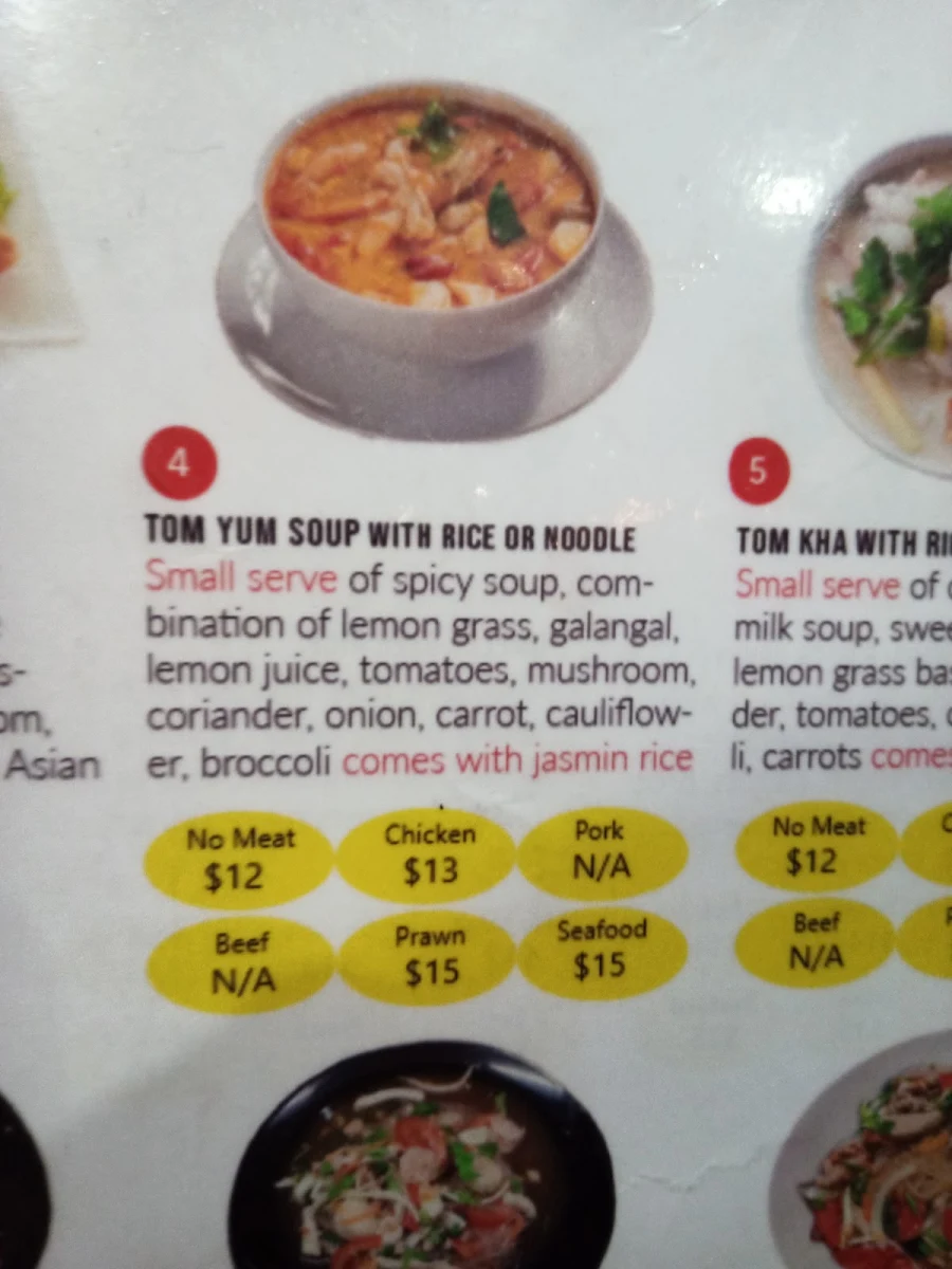 Menu, Pailin Thai Morley