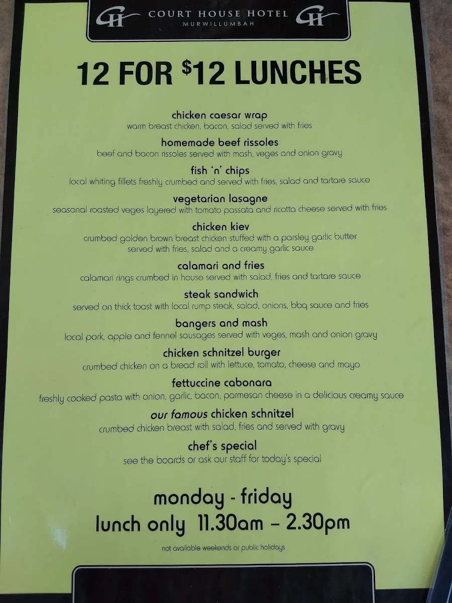 Menu, Court House Hotel Murwillumbah