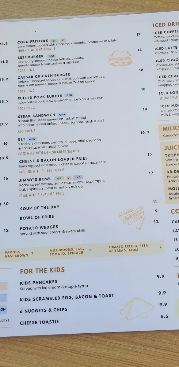 Menu, Jimmy G's Cafe