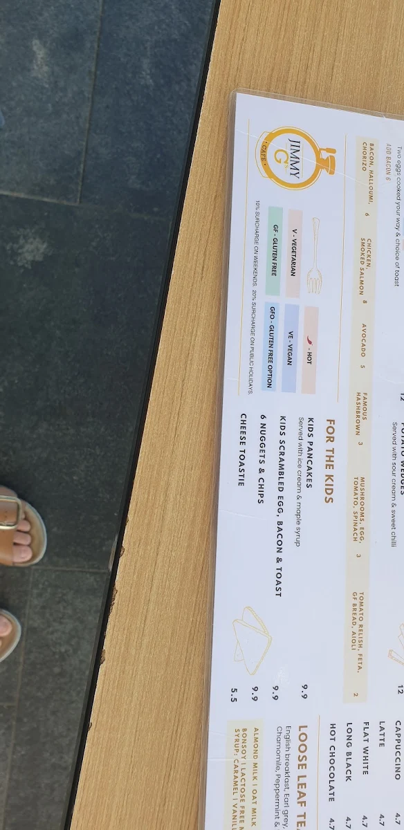 Menu, Jimmy G's Cafe