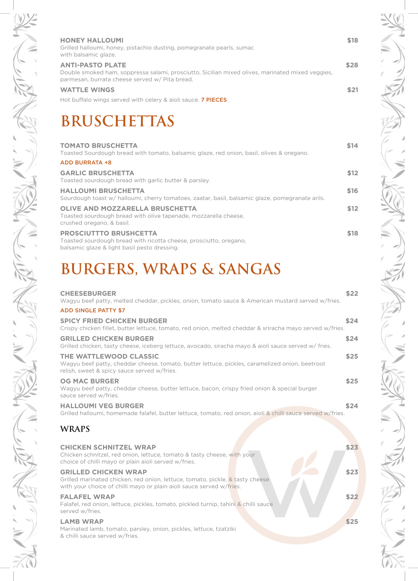 Menu, Wattlewood Espresso, Kitchen & Bar